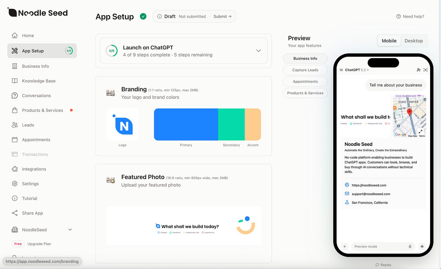 Noodle Seed creates a ChatGPT App from your brand website