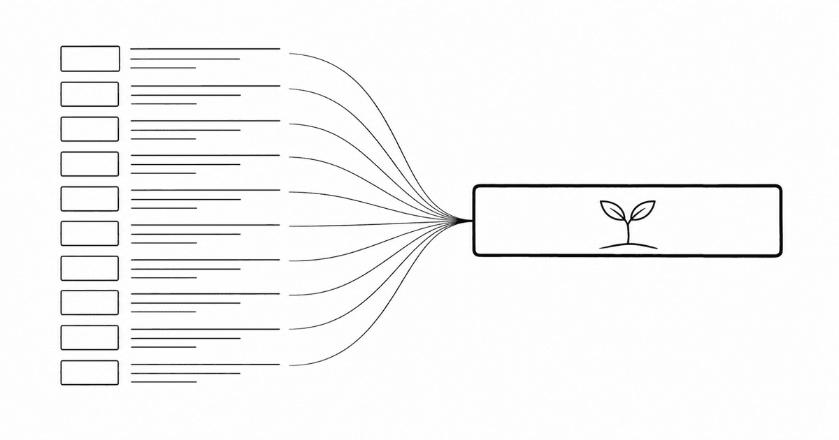 Ten search result slots compressing into one answer slot with a sprout